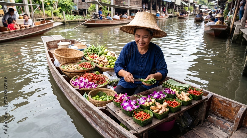 Obraz premium Smiling vendor selling fresh produce from a traditional boat