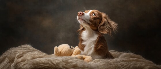 Adorable fluffy dog with teddy bear toy looking upward