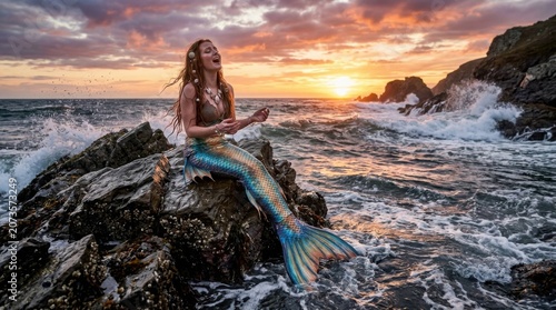 Fantasy Mermaid Singing on Rocky Coast at Sunset