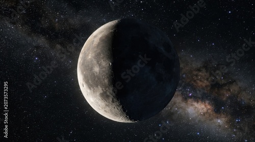 Half Illuminated Cratered Moon in Starry Cosmic Space