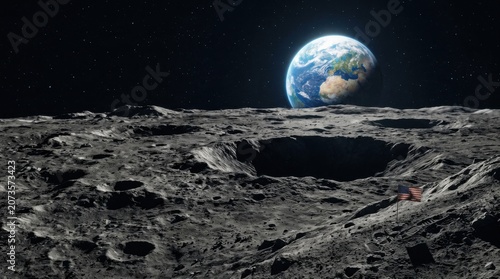 Moon Surface Landscape with Earth Rise and US Flag