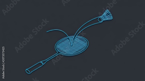 A vibrant blue neon badminton racket and shuttlecock in motion against a dark background, perfect for sports advertising and dynamic game visuals.