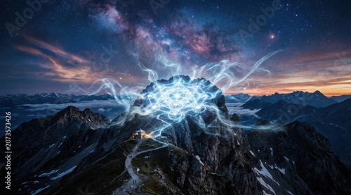 Mountain Peak with Glowing Sacred Geometry and Cosmic Sky