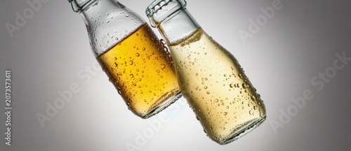 Close up of refreshing beverages in glass bottles on a gradient background