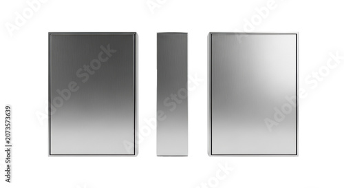Three identical blank metallic silver rectangular packaging boxes with brushed finish, crisp edges, on a transparent minimalist studio background, high-key lighting, concept of product packaging