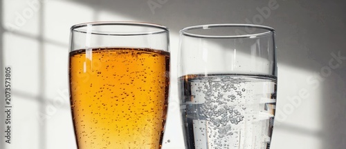Two transparent glasses with beverages on a light background