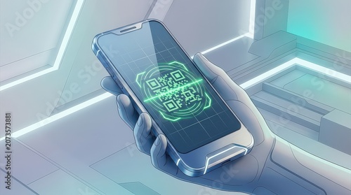 Close up of a Hand Holding a Smartphone Displaying a Green QR Code with a Futuristic Interface