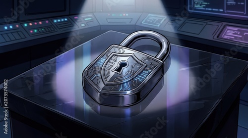 Digital Security and Cyber Protection Concept with a Padlock and Futuristic Control Room