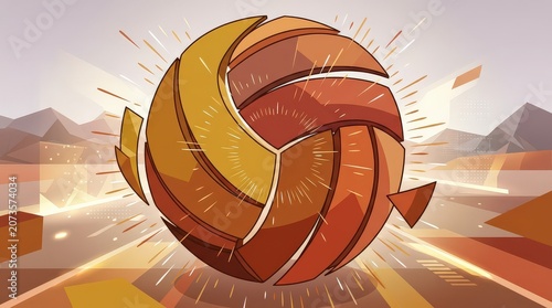 Energetic Volleyball Abstract Art with Geometric Background and Radiant Light Rays