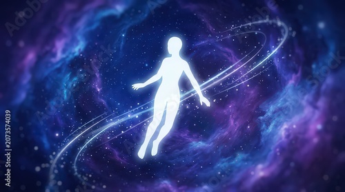 Ethereal Humanoid Silhouette Floating Through A Vibrant Cosmic Nebula with Swirling Light Trails