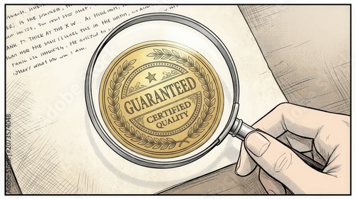 Examining a golden seal of guaranteed certified quality with a magnifying glass on a document