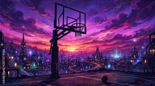 Fantasy Cityscape Basketball Court Under a Vibrant Sunset Sky, Digital Art