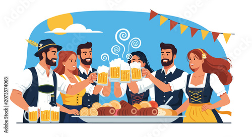 Group of friends celebrating Oktoberfest with beer and traditional food.