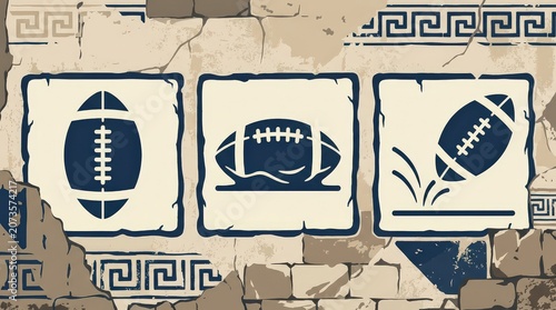 Vintage Football Icons A Trio of Classic American Football Styles on Stone Background
