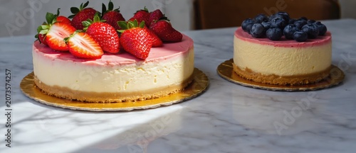 Delicious cheesecakes with fresh berries on marble surface for dessert concept