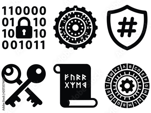 Schilderij op canvas Essential digital security and cryptography icons for data protection