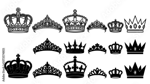 Fotografie Crowns in Various Designs and Styles, Including Ornate and Simple Royal Headpiec