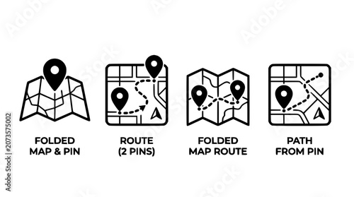 Map Route Icons with Pins and Foldable Navigation Markers for Travel Planning, Route Finding, and Wayfinding Infographic Design