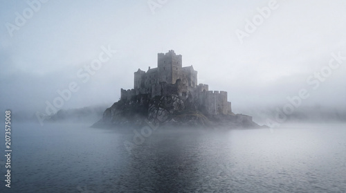 Ancient stone castle fortress standing on a rocky island surrounded by dense fog and calm misty water in a moody atmospheric landscape