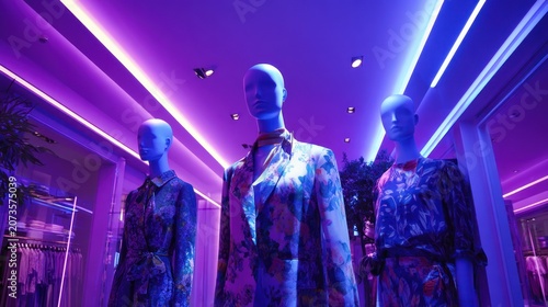 Three mannequins in a well-lit fashion store. Neon lighting above. Floral patterned clothes