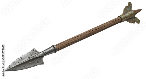 Weathered ancient javelin, dark ash wood shaft, rugged iron arrowhead, tarnished bronze details, on a transparent background, historical artifact study