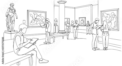 Quadro su tela People sketching artwork in a modern art gallery, line drawing illustration