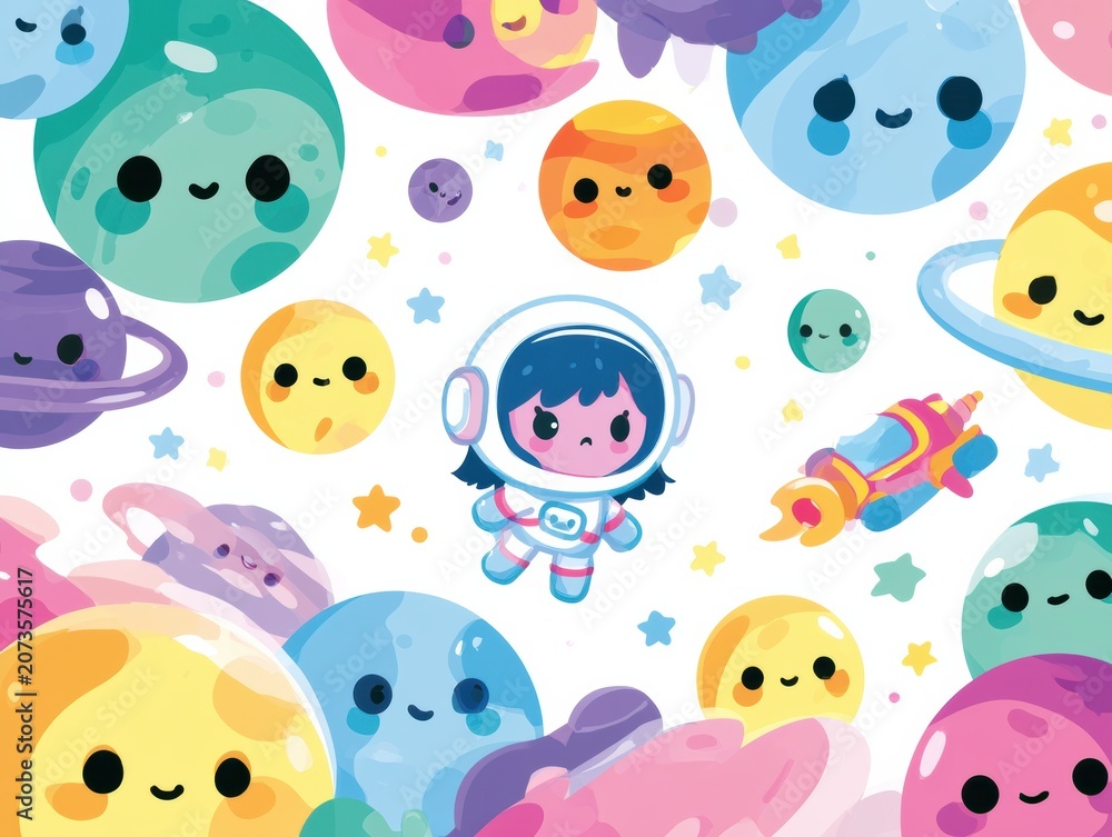 Fototapeta premium Tiny astronaut floats in space with cute planets and colorful spaceship nearby, all displayed in a bright and cheerful setting.