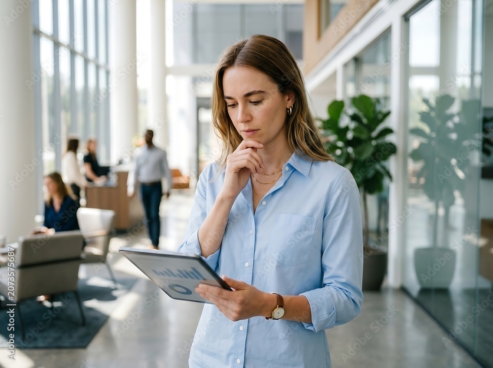 Obraz premium Woman Reading Tablet in Bright Modern Office with Colleagues Working in Background