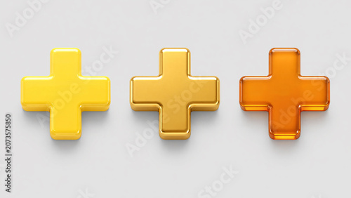 Three glossy plus sign icons in yellow gold and orange