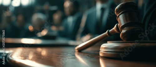A wooden judge's gavel rests on a polished courtroom desk in the foreground, with a blurred jury and attorneys seated in the