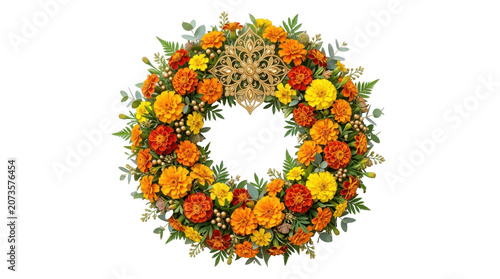 Vibrant floral wreath with orange and yellow flowers on white background