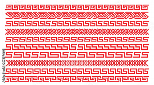 Fotografie Traditional Chinese red seamless border frame dividers collection featuring intricate oriental geometric line and key fret maze patterns
