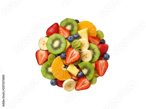 Vibrant mix of fresh sliced fruits on white background