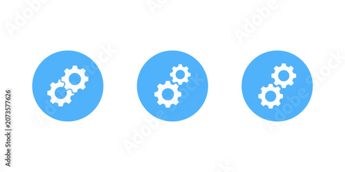 Gear icon set in blue circle. Interlocking cogwheel symbol. System integration sign