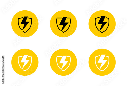 Lightning shield icon set in yellow circle. Electric protection symbol. Power safety and voltage defense sign
