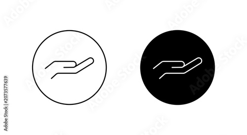 Cupped hand outline icon in black circle. Charity donation and care protection symbol. Give and receive gesture sign