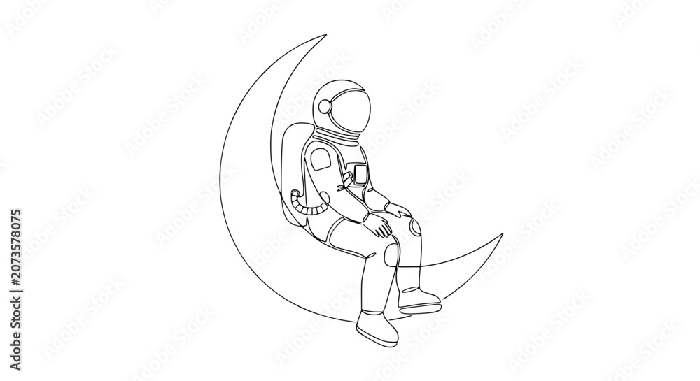 Obraz premium Astronaut sitting on crescent moon, single line drawing, minimalist space art
