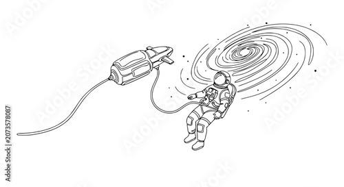 Schilderij op canvas Astronaut drifting in space near a swirling galaxy, tethered to a small spacecraft