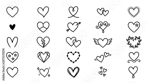 Romantic love heart variations line art doodle graphic icon set
