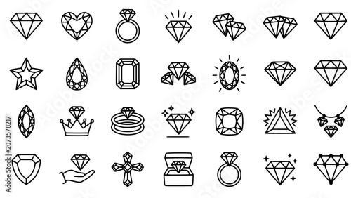 Luxury jewelry diamonds and wedding rings line art icon set
