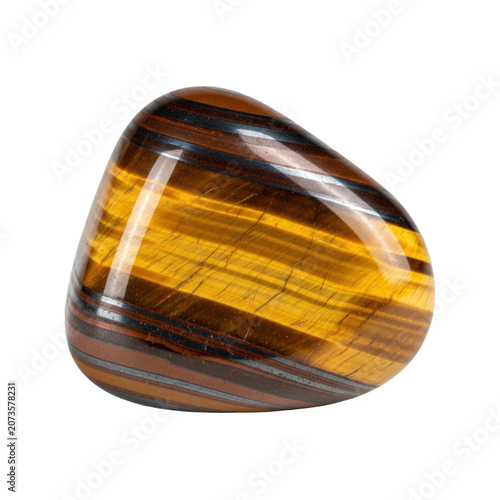 A single polished tumbled tiger's eye gemstone, showcasing shimmering golden, honey-brown, and dark chocolate chatoyant bands, isolated on a transparent studio background with a soft shadow,