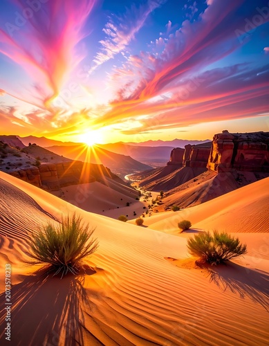 Desert landscape with sand dunes at sunset.