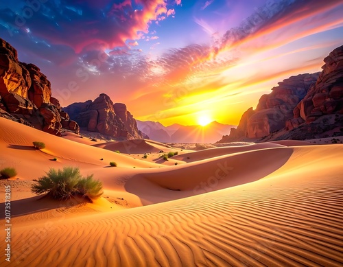 Desert landscape with sand dunes at sunset.