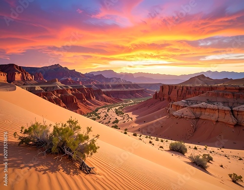 Desert landscape with sand dunes at sunset.