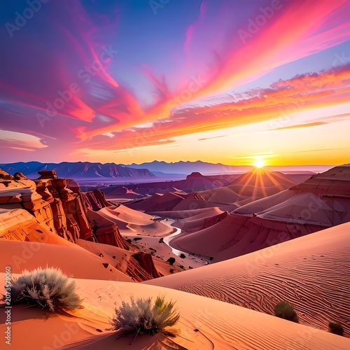 Desert landscape with sand dunes at sunset.