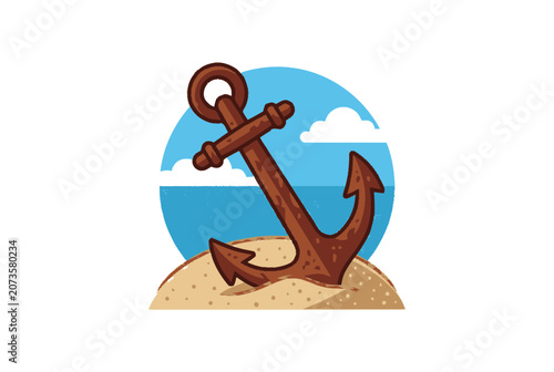 Nautical Anchor on Sandy Beach with Ocean and Clouds - Marine Illustration