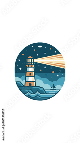 Lighthouse guiding sailboat at night with starry sky and ocean waves