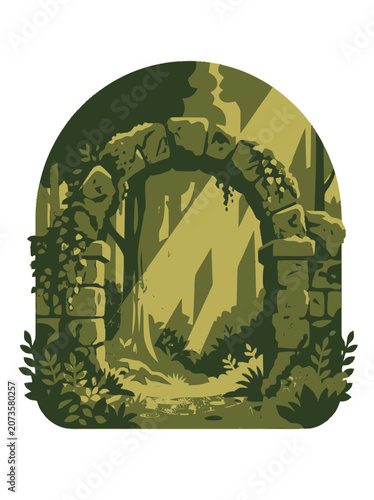 Enchanted Forest Archway: Stone Ruins, Overgrown Vines, Mystical Sunlight