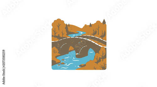 Autumn River Crossing: Stone Bridge, Flowing Water, and Fall Foliage Landscape