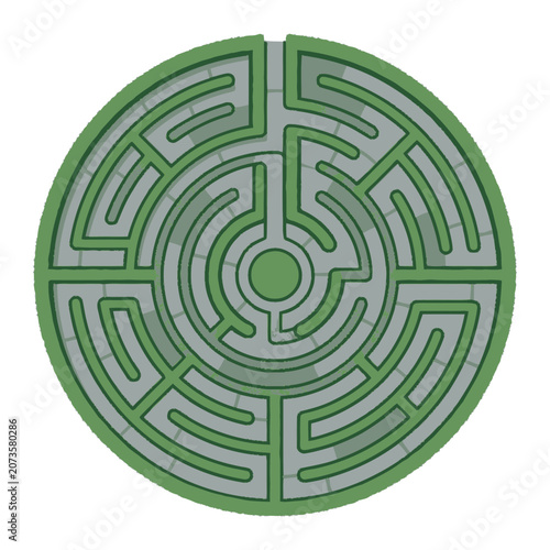 Circular Garden Maze, Green Hedge Paths, Stone Walkways, Abstract Design, Top View